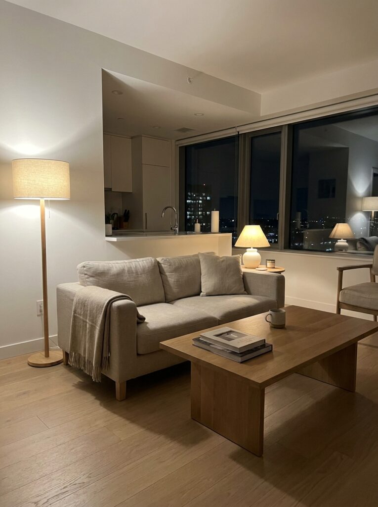 Clean small apartment in the evening with tidy surfaces and warm lighting after a daily reset routine