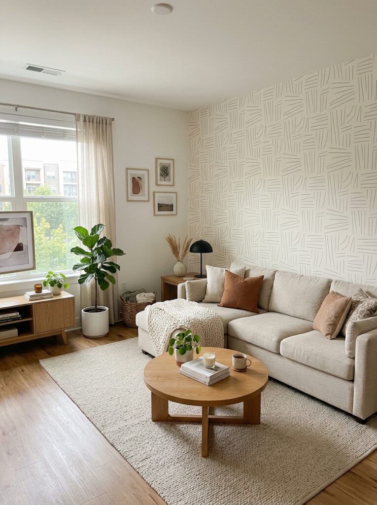 renter friendly peel and stick wallpaper accent wall in small apartment living room