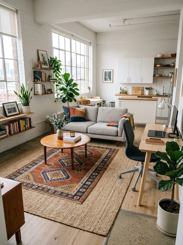 layered rugs defining spaces in small open plan apartment living room