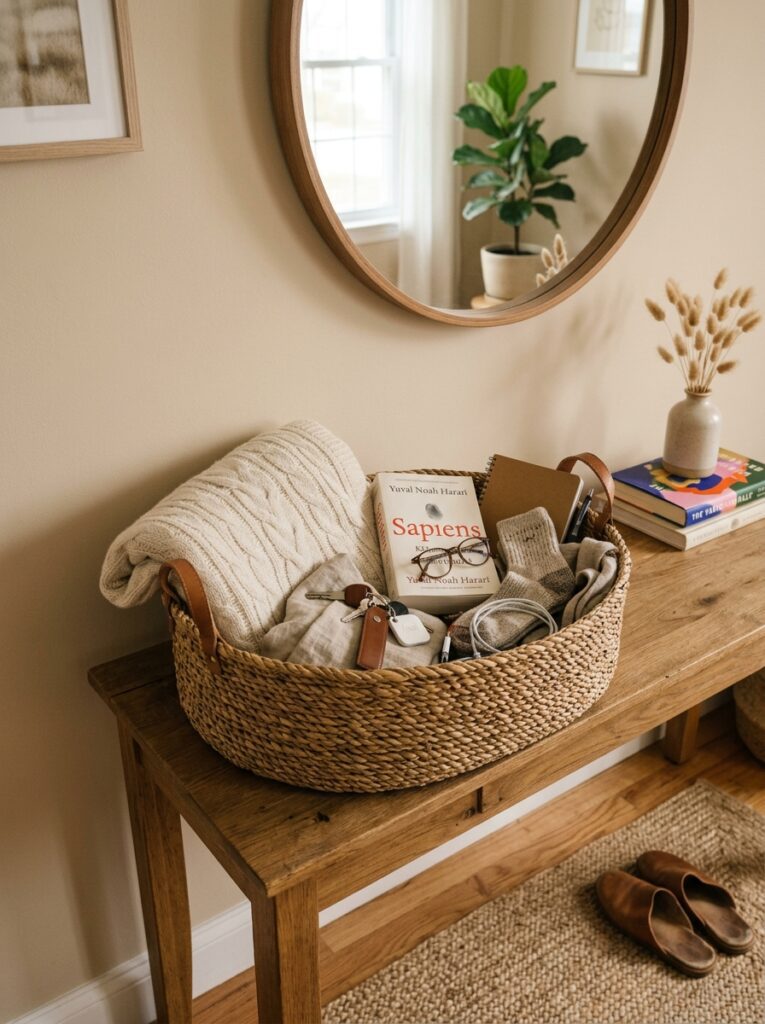 Temporary basket used to hold miscellaneous items during quick decluttering
