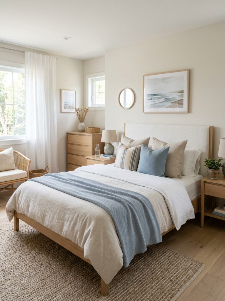 Bedroom with subtle coastal blue accents through pillows and decor on neutral bedding