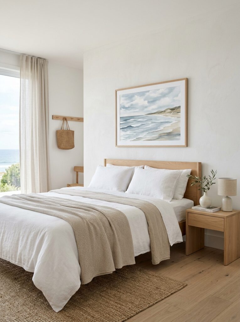 Minimal coastal bedroom with simple decor and clean styling