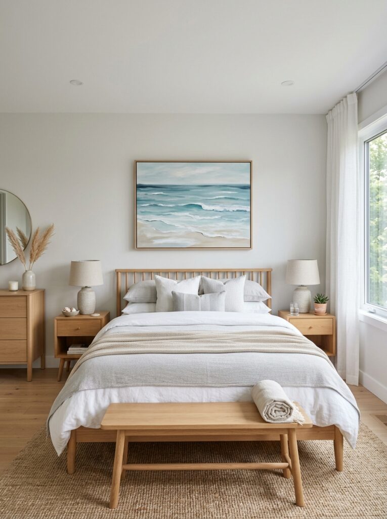Bedroom with subtle coastal decor element keeping the design modern and simple