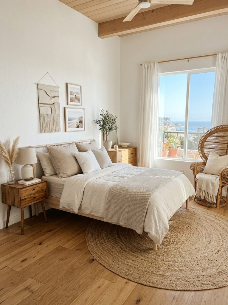 Coastal bedroom featuring wood, rattan, and jute textures for a natural warm look
