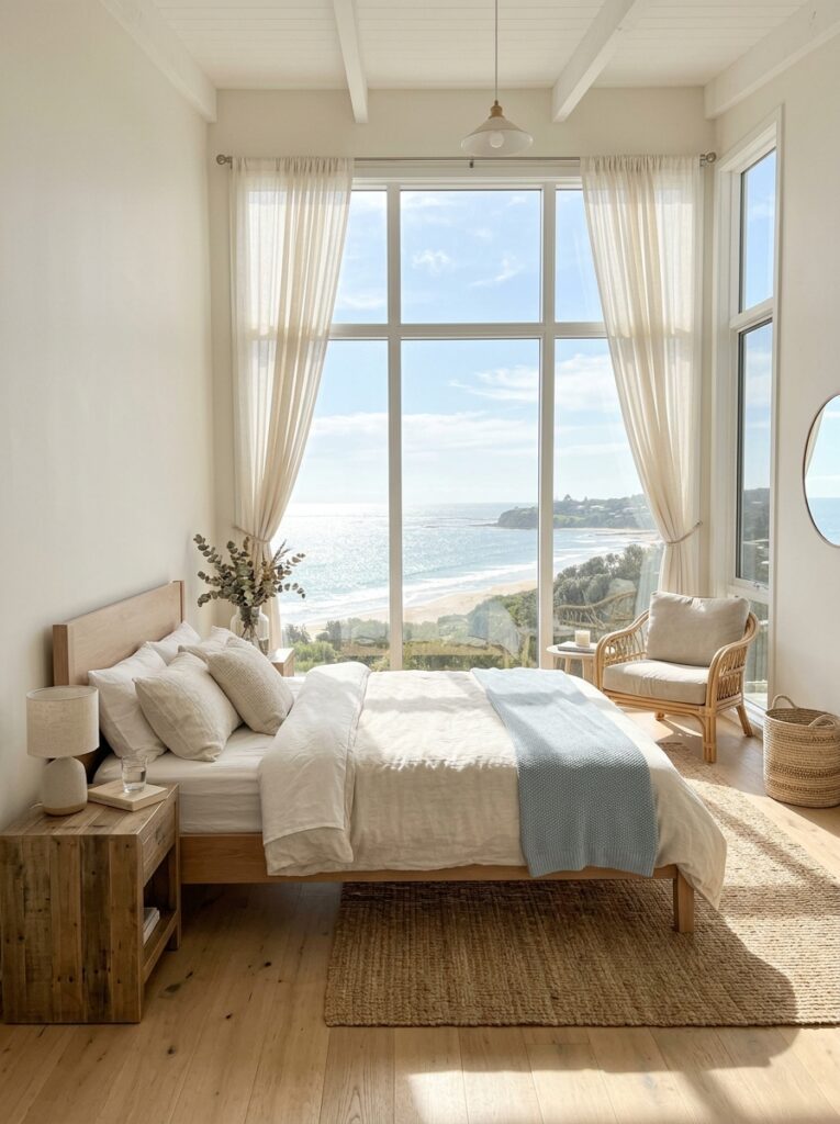 Coastal bedroom with large windows and natural light enhancing the space