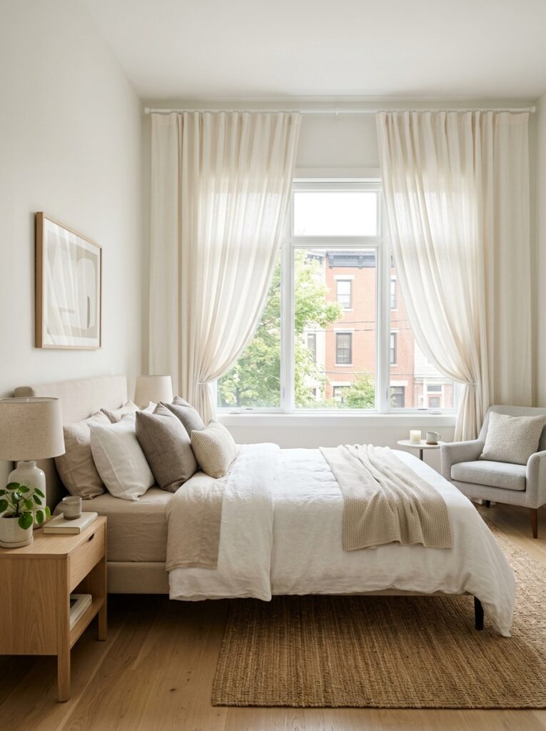 renter friendly curtain styling hung high to make ceiling look taller
