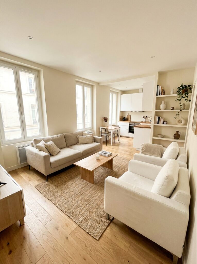 Small apartment with clean minimal layout, clutter-free surfaces and open space, showing how to organize without adding storage