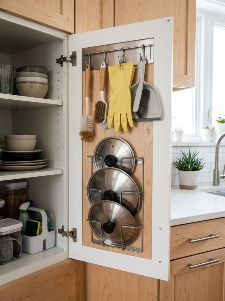 Kitchen cabinet door used for extra storage with hooks for lids and tools