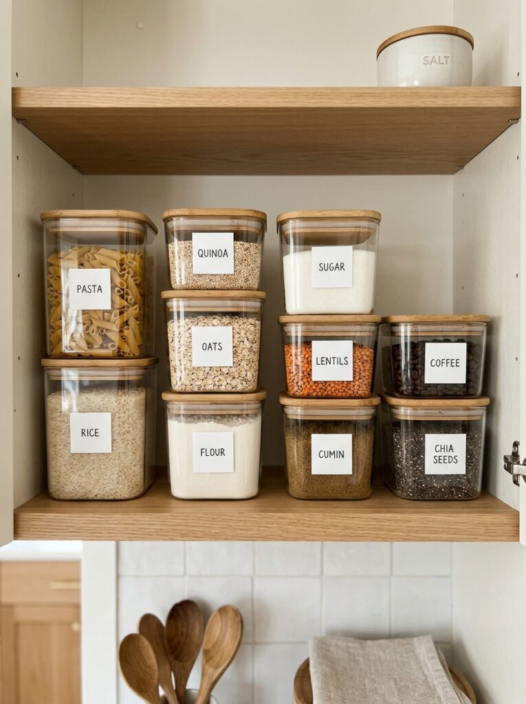 Neatly stacked kitchen containers creating organized and space-saving storage