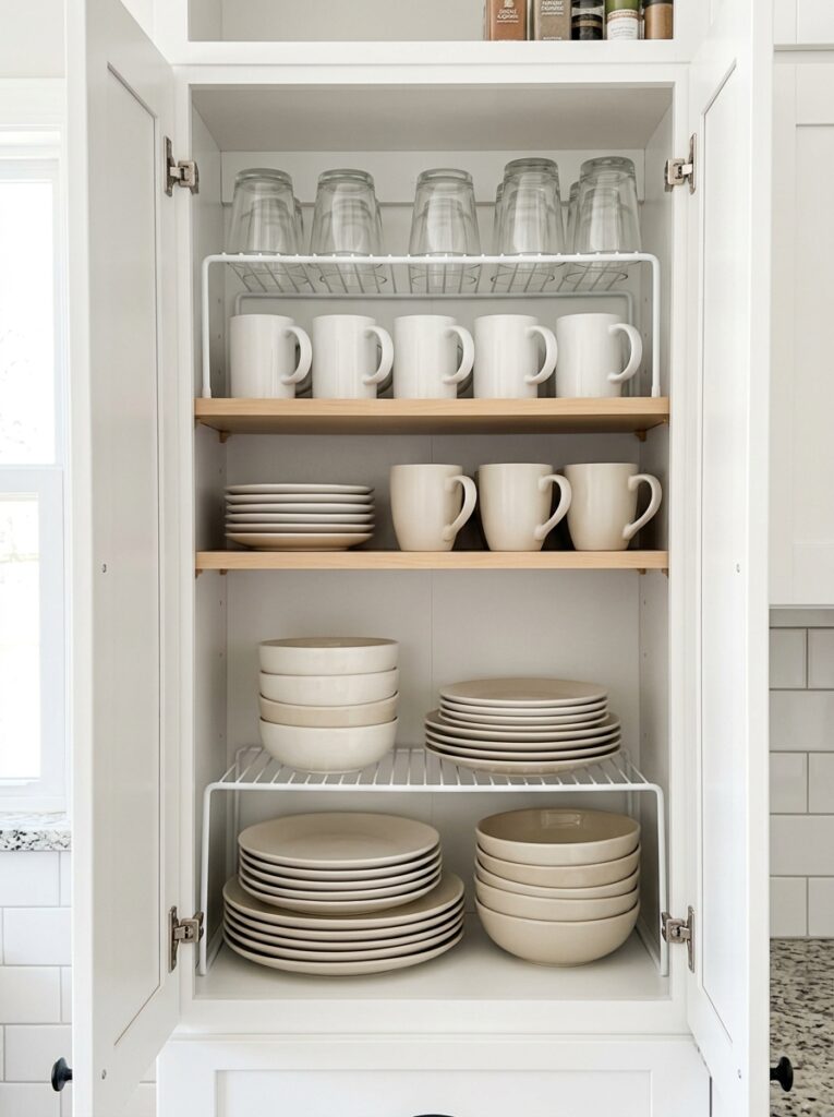 Small kitchen cabinet with stackable shelves to maximize vertical storage space