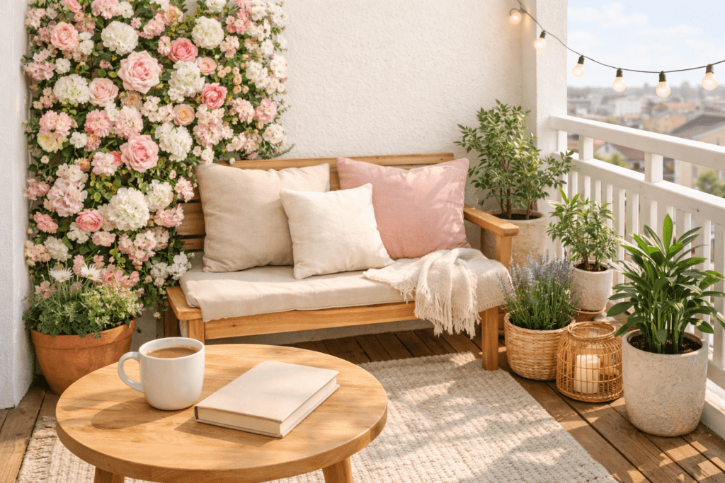 Cozy small apartment balcony with a pink and white flower wall, wooden bench seating, neutral cushions, and a small round table with coffee in soft natural daylight