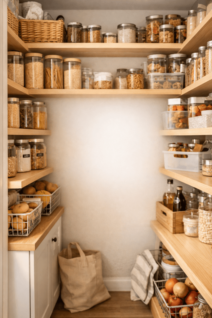 Small pantry organization ideas for tiny kitchens with clear containers, baskets, and neatly arranged shelves in a minimalist apartment kitchen