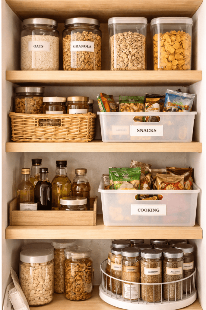 Small pantry divided into zones for snacks, breakfast items, and cooking essentials in a tiny kitchen