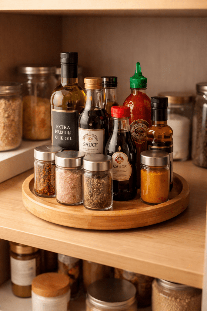 Lazy susan turntable organizing oils and spices on a deep pantry shelf for easy access in a small kitchen