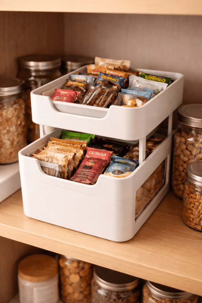 Stackable storage bins creating extra vertical space in a small pantry with organized snack packets