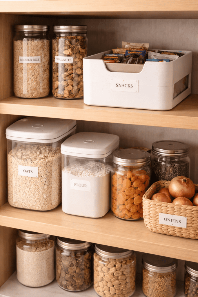Minimal labeled pantry containers creating a clean and simple organization system in a small kitchen