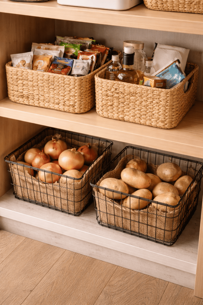 Wire and woven baskets storing onions, potatoes, and pantry items neatly on a lower shelf