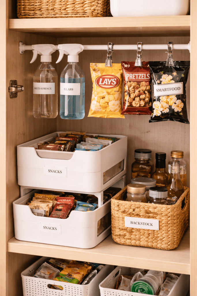 Tension rod pantry hack with spray bottles and hanging items maximizing vertical space in a small cabinet