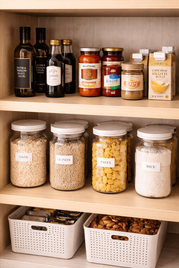 Small pantry with limited backstock showing only one extra item per product to reduce clutter