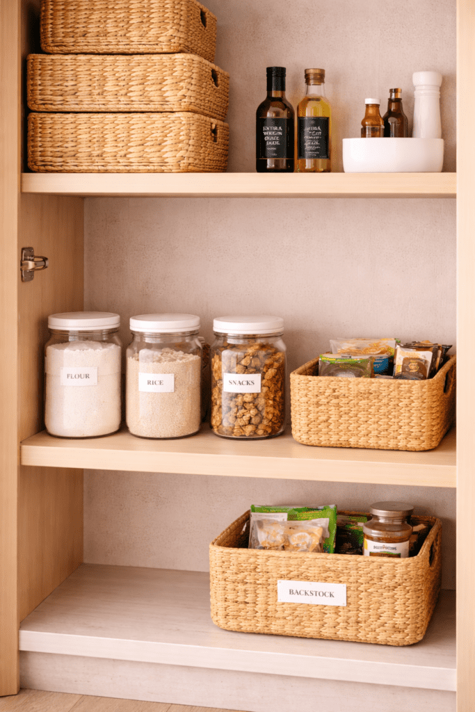 Organized pantry shelf with intentional empty space creating a clean and clutter-free look in a tiny kitchen