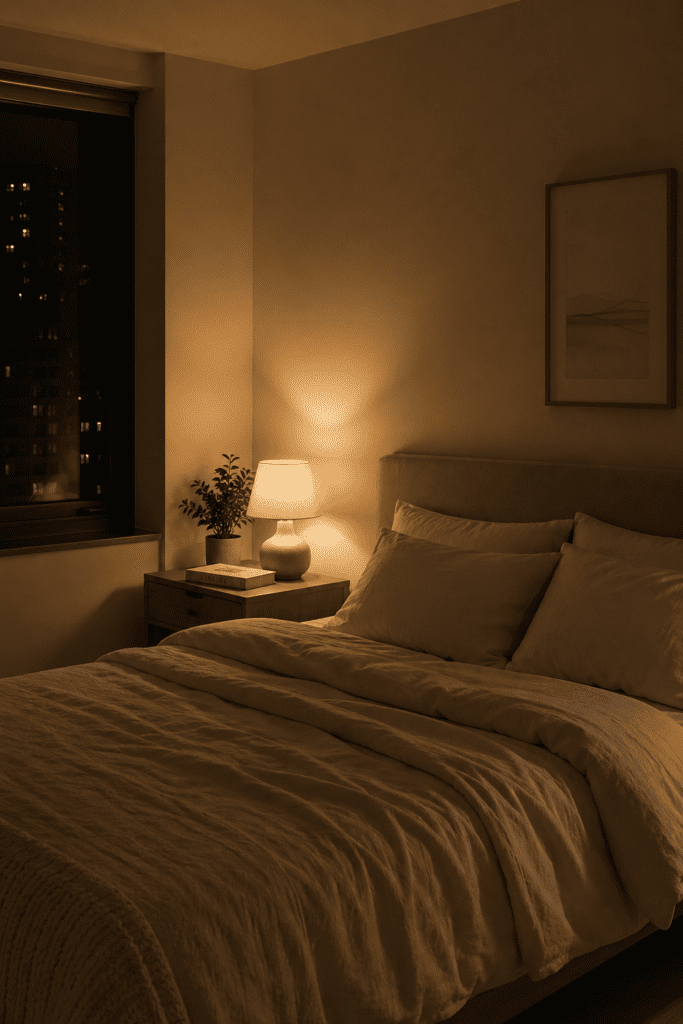 Cozy small apartment bedroom at night with warm lighting, neutral bedding, and minimal decor creating a calm atmosphere