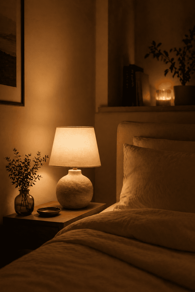 Warm bedside lighting in a small bedroom creating a soft and cozy nighttime atmosphere
