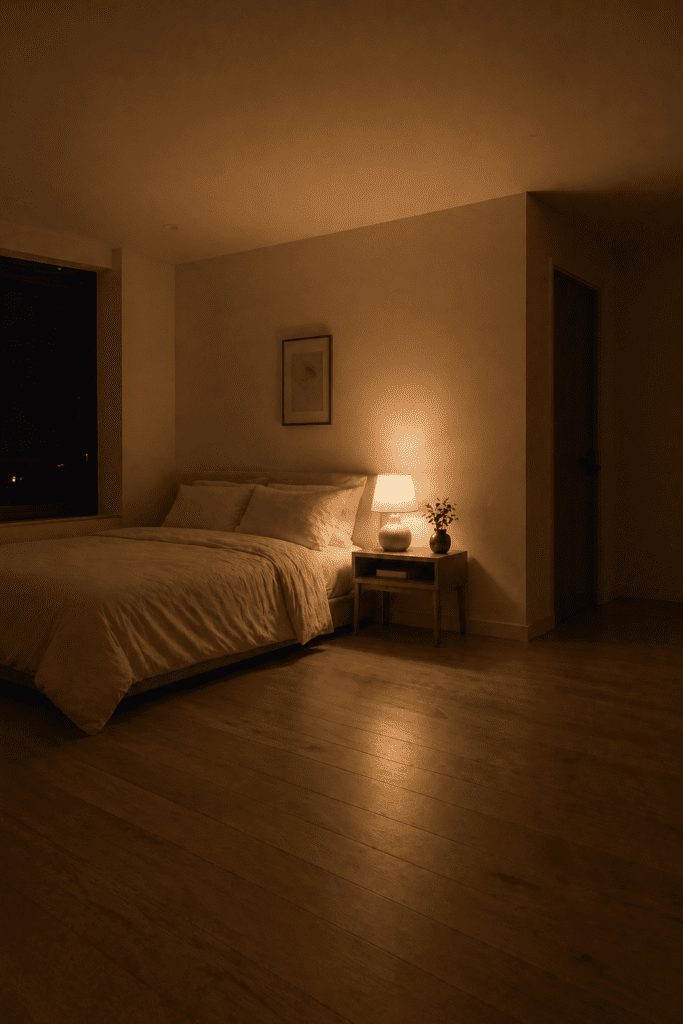 Small bedroom with minimal furniture and open floor space creating a calm and uncluttered night environment