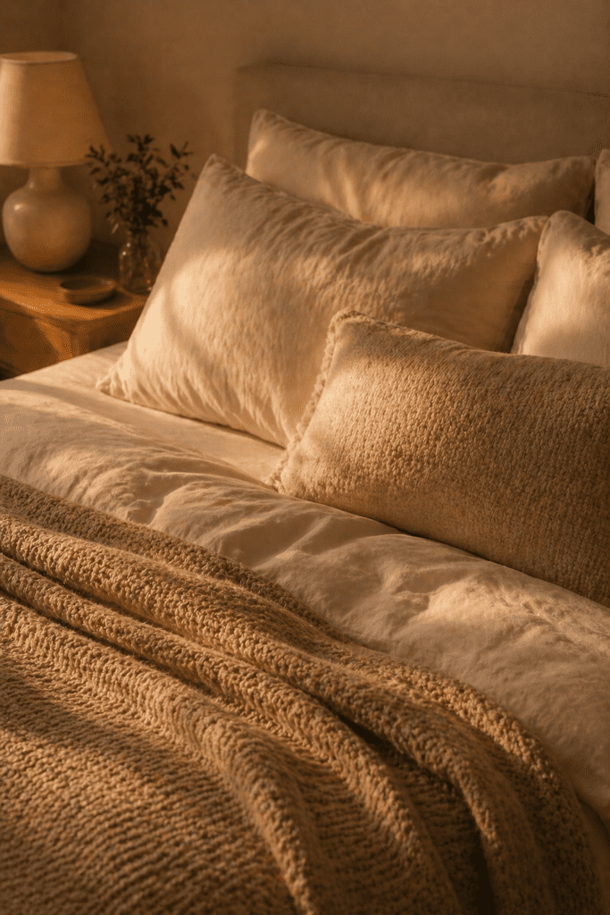 Neutral toned bedding with soft textures and warm lighting creating a cozy bedroom feel at night