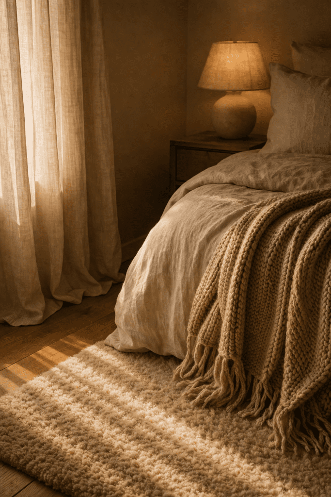 Cozy bedroom textures including soft rug and knitted throw enhancing warmth in a small space