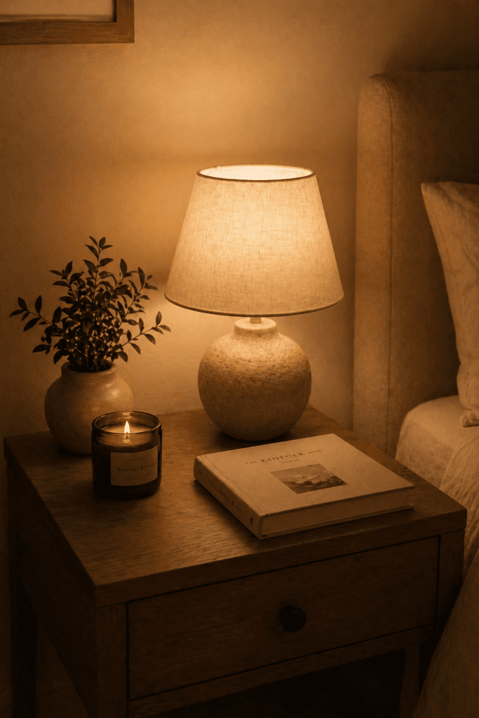 Minimal nightstand with lamp and small decor items creating a clean and cozy bedroom look
