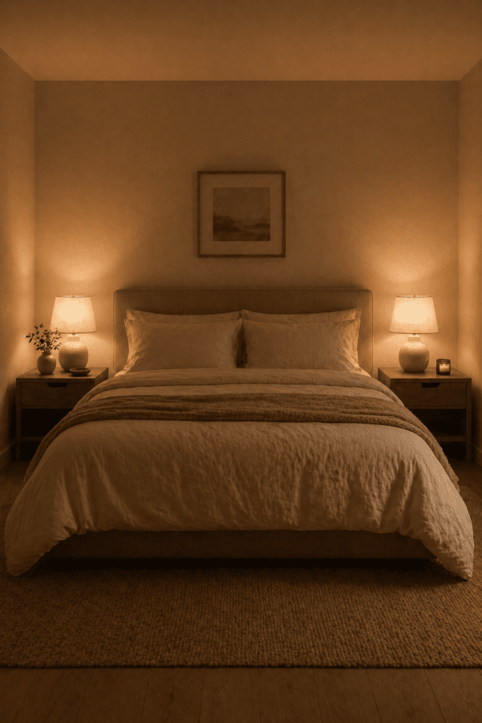 Bed as the main focal point in a small cozy bedroom with warm lighting and minimal decor