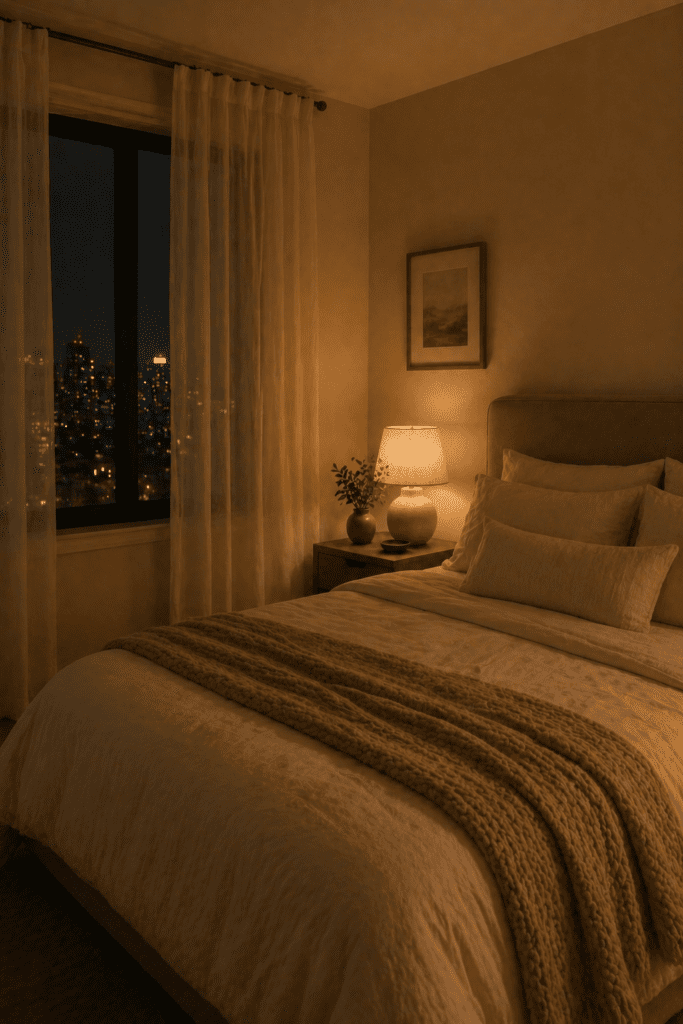 Small bedroom with sheer curtains and night window view enhancing a calm cozy atmosphere