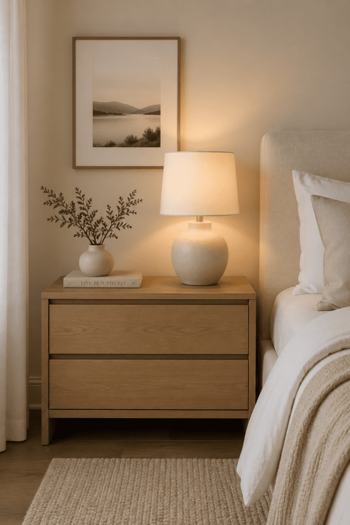 Clutter-free bedroom surfaces with minimal decor creating a peaceful nighttime environment