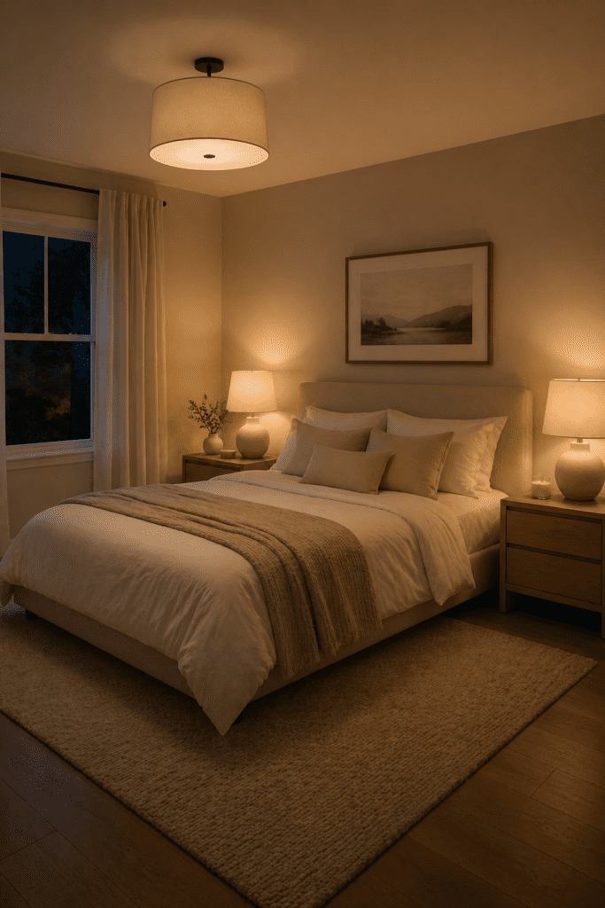 Cozy small bedroom at night with warm lighting and minimal design creating a peaceful atmosphere