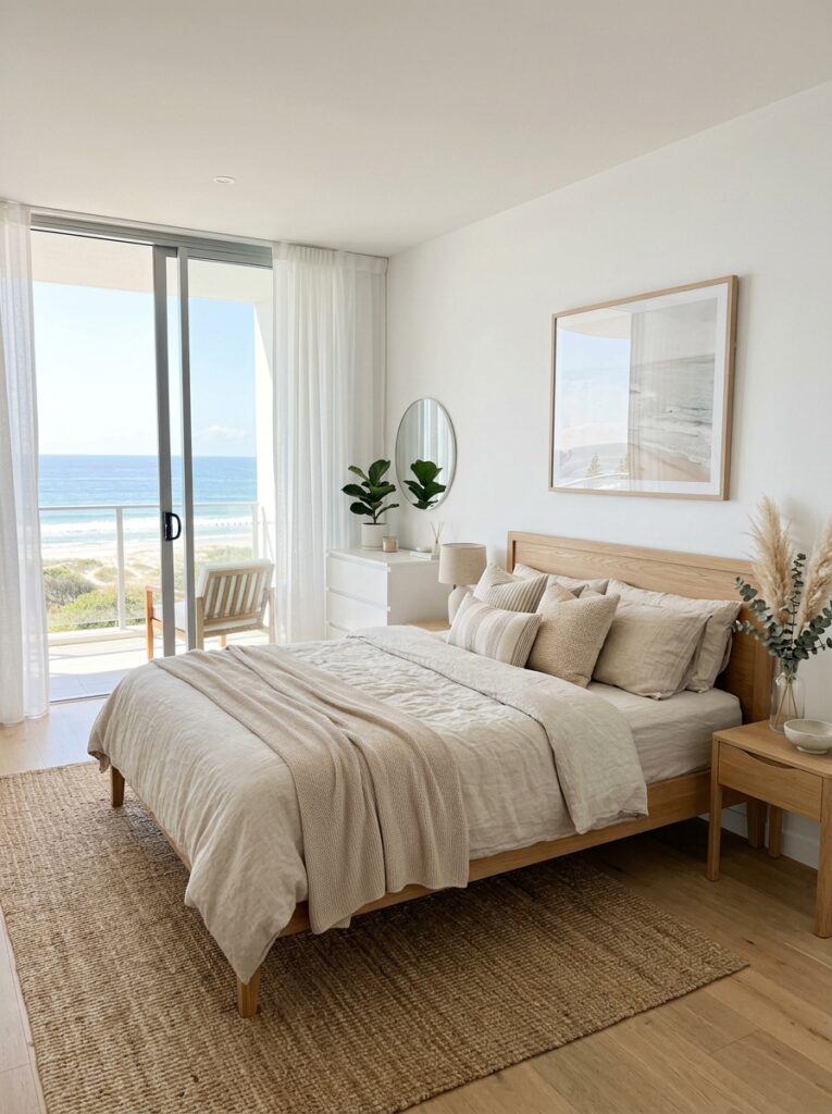 Neutral coastal bedroom with white walls and beige bedding creating a calm foundation