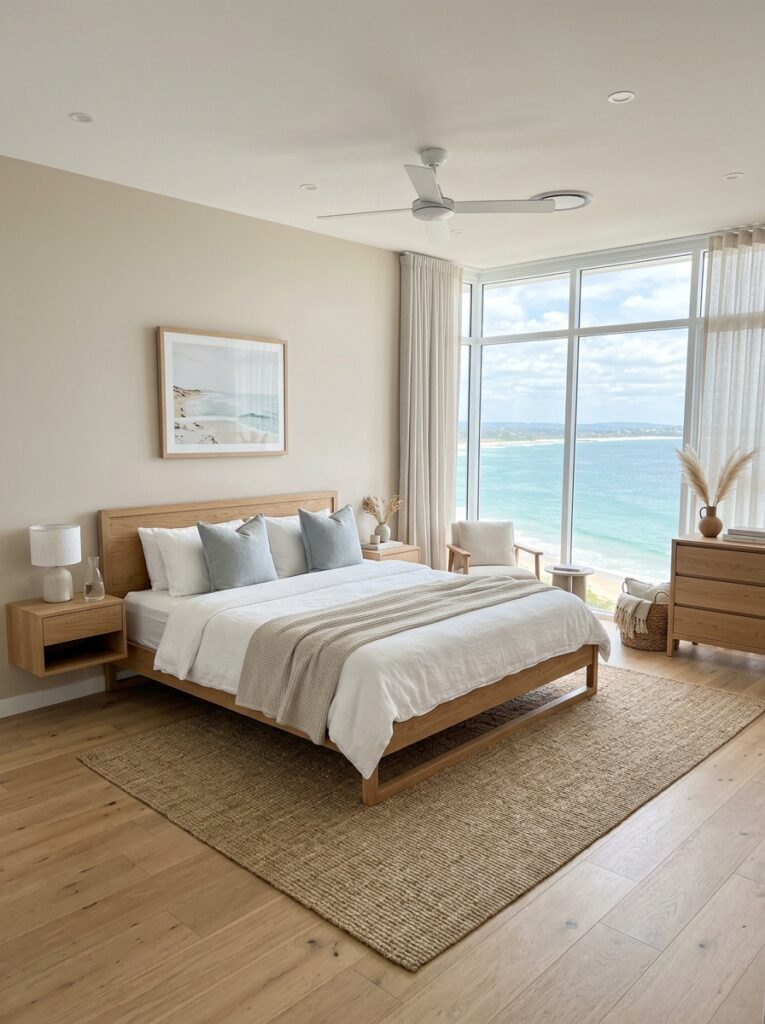 Coastal bedroom with low profile furniture and clean simple design