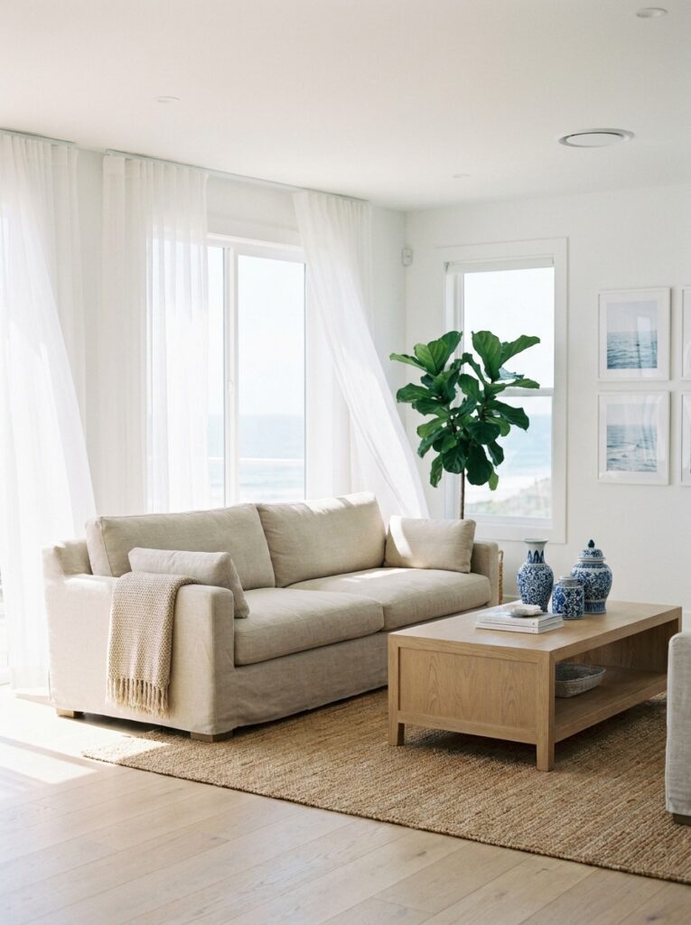 Bright coastal living room with neutral sofa, soft textures, and airy natural light