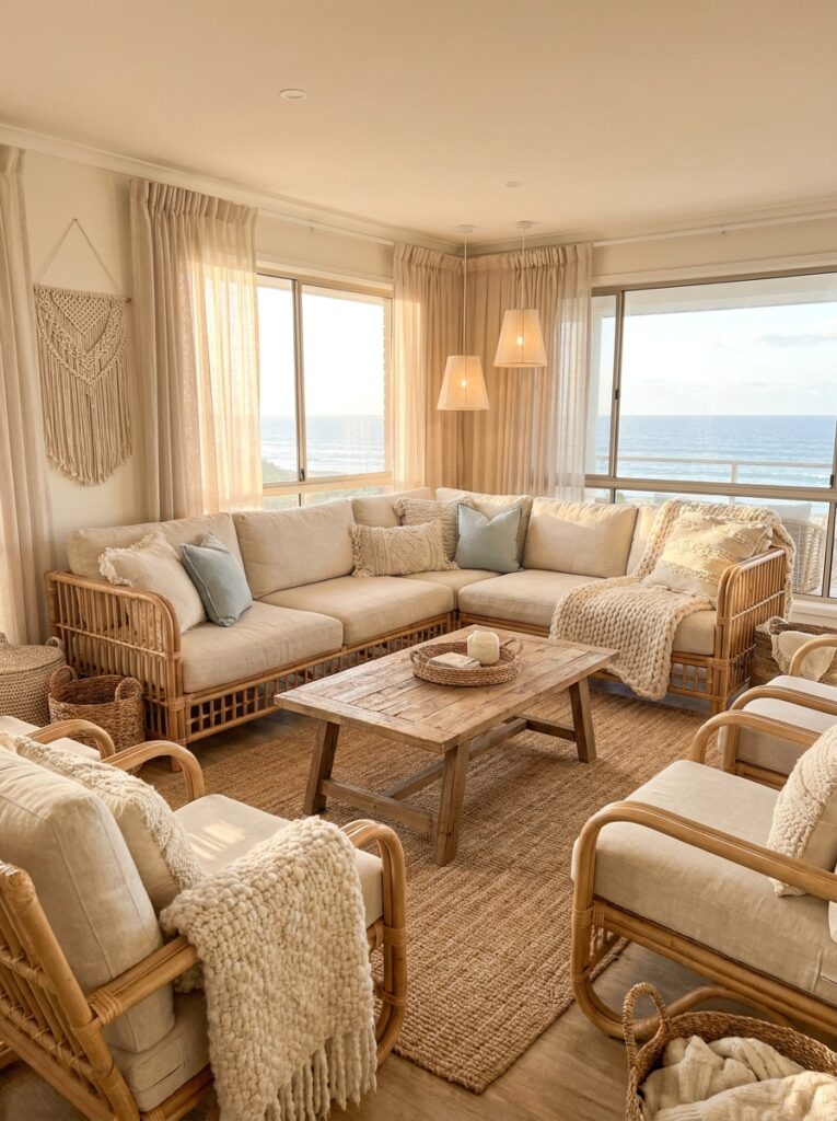 Coastal living room with rattan and wood textures adding warmth