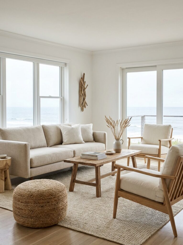 Simple and comfortable coastal living room with clean line sofa