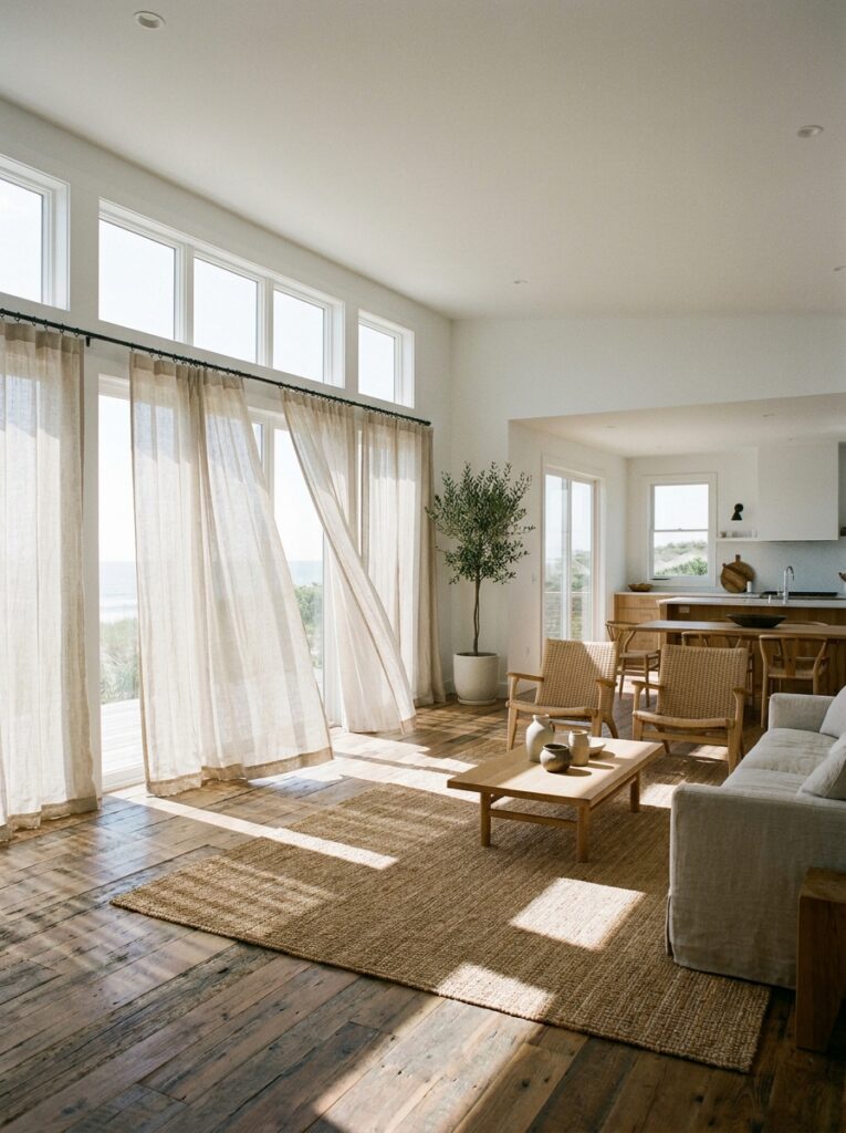 Coastal living room with natural light and sheer curtains creating an airy feel