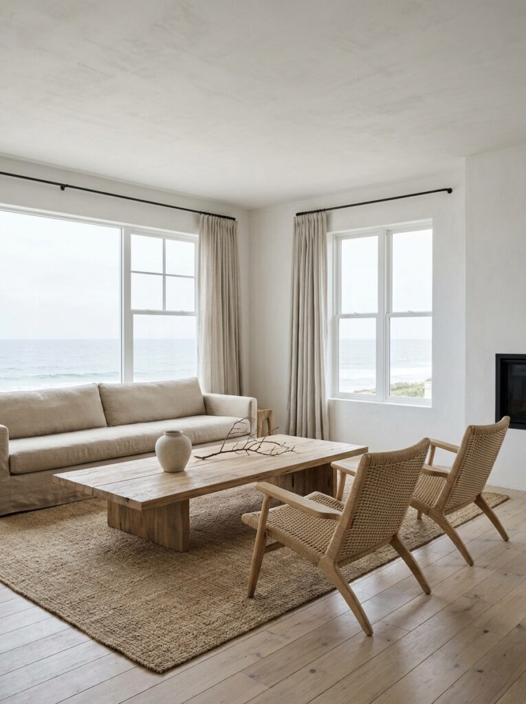 Minimal coastal living room with clean surfaces and simple decor