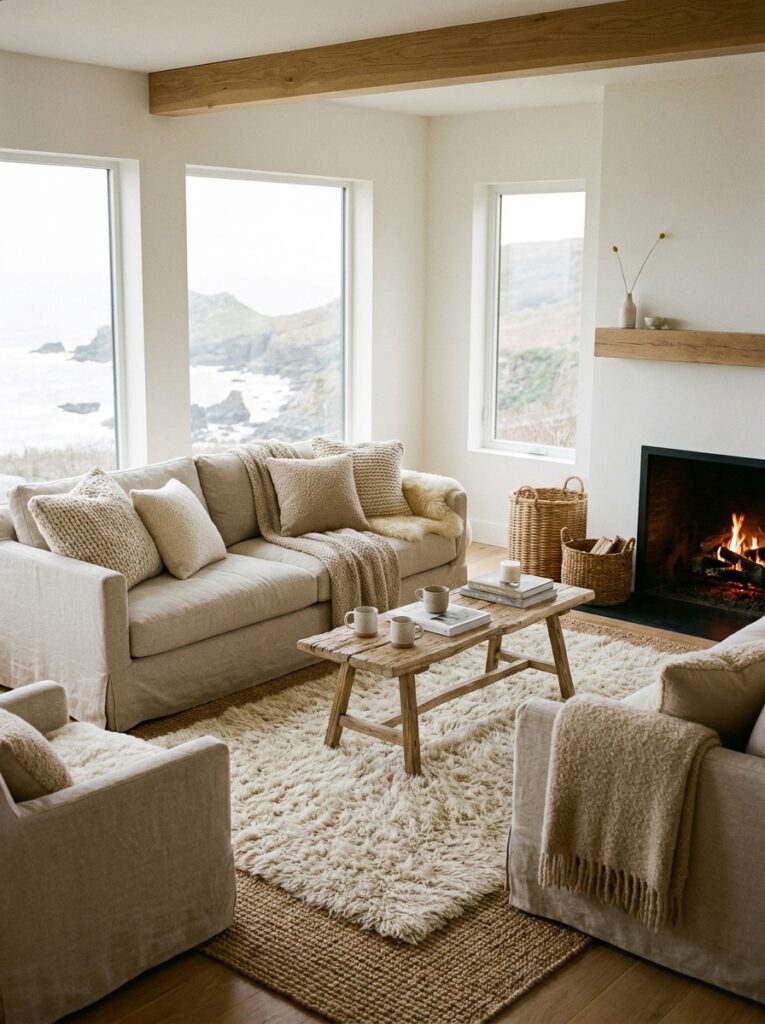 Coastal living room with soft layered textures and neutral fabrics
