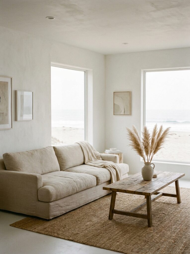 Neutral coastal living room with white walls and beige sofa creating an open airy feel