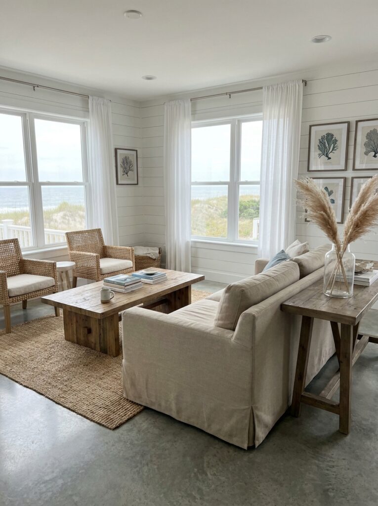 Coastal living room designed with simple and easy to maintain furniture
