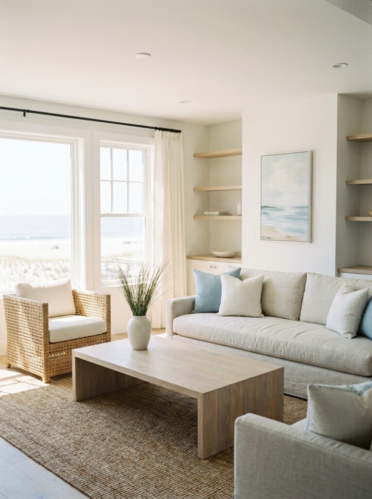 Coastal living room with clean open surfaces and minimal styling