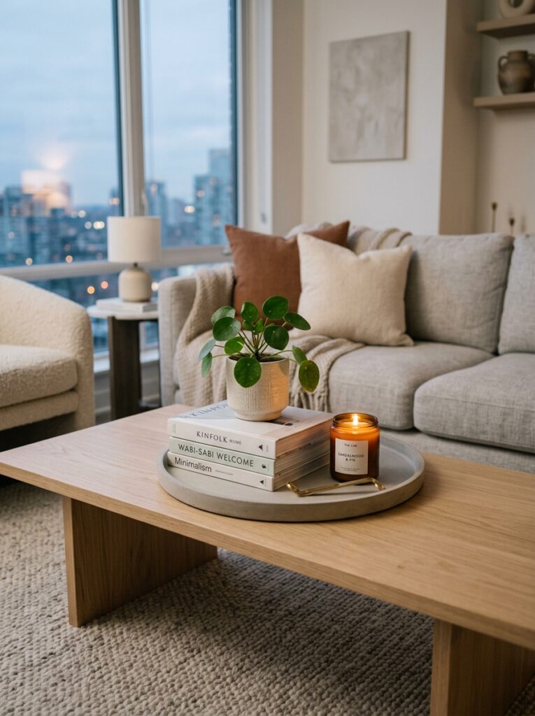 styled coffee table with tray books and plant renter friendly decor idea