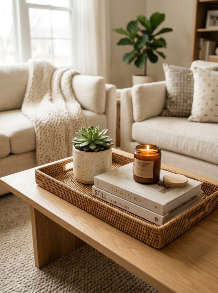 Coffee table styled with tray, books, candle, and small plant