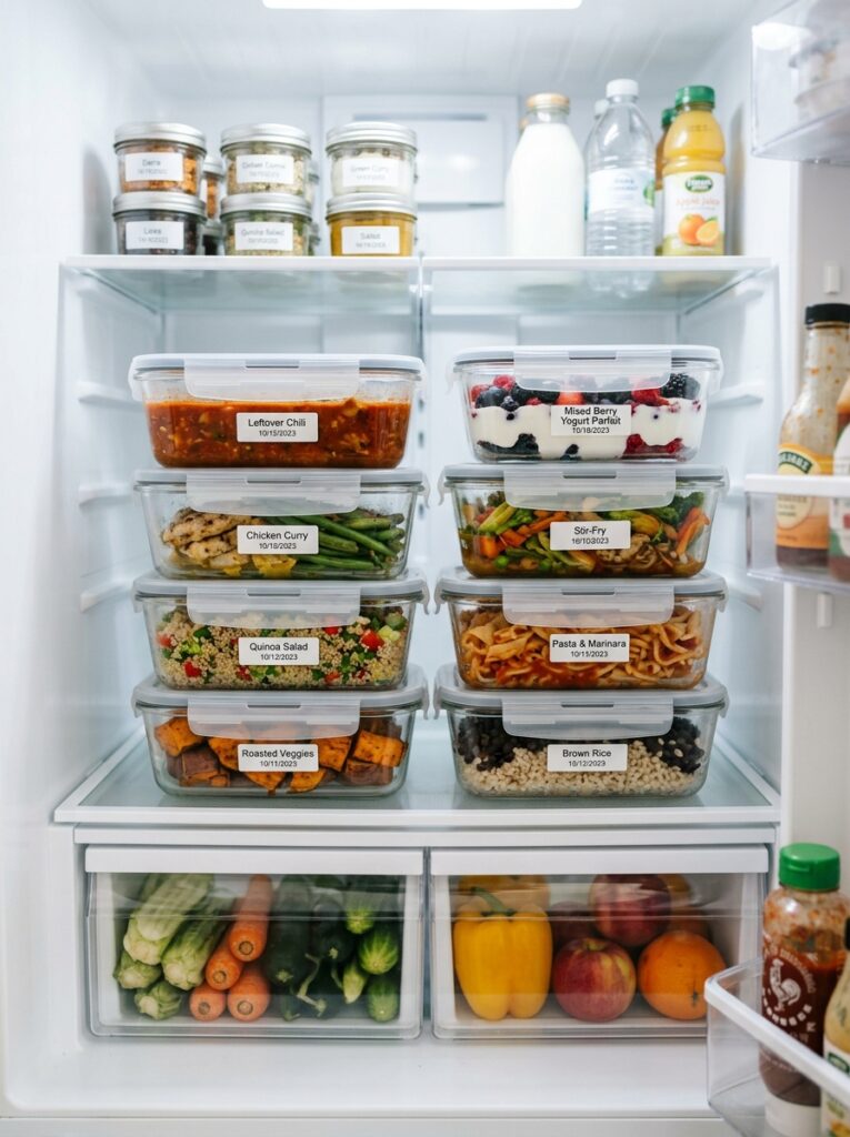 Stackable food containers neatly organizing leftovers in fridge