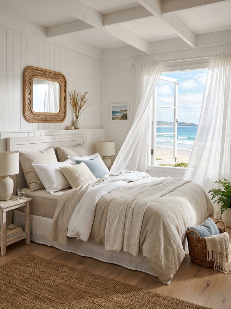 Coastal bedroom with linen bedding and sheer curtains creating a light airy feel