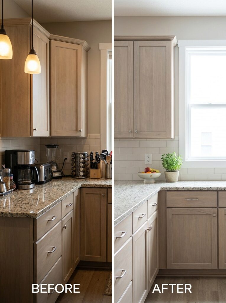 Kitchen counter cleared of clutter showing clean and minimal surface